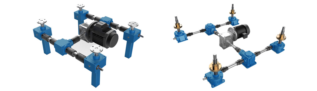 Screw jack system with multiple worm gear screw jacks, bevel gearbox and motor for synchronized lifting applications